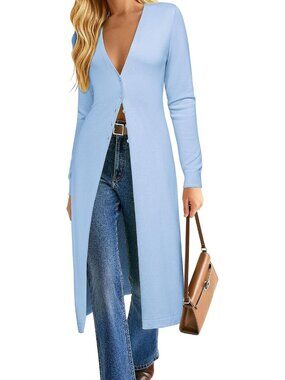Women's Blue Long Cardigan Trendy Knit Dusters Coat V Neck Button Up Sweaters